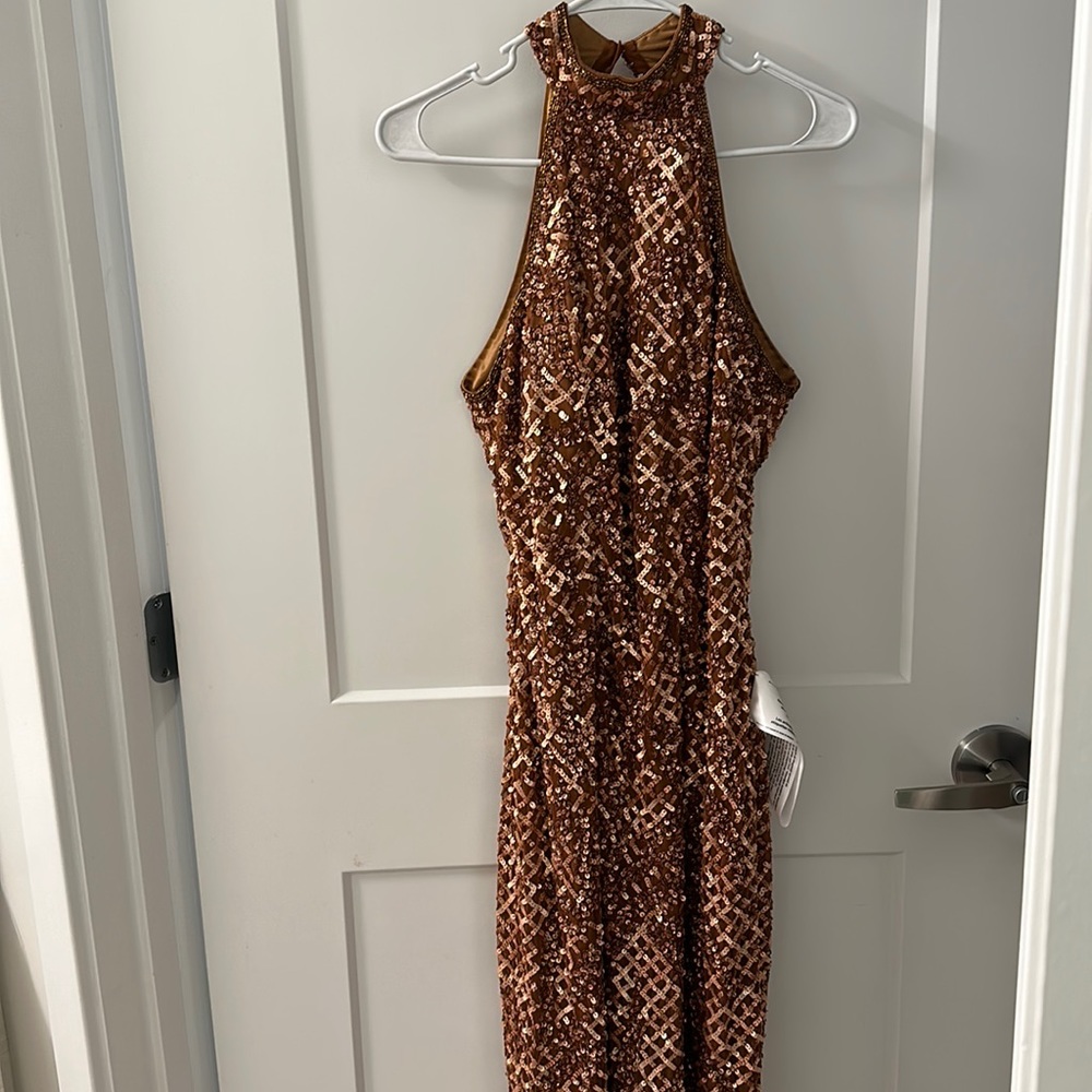 Mac Duggal Copper Sequin Halter Evening Gown